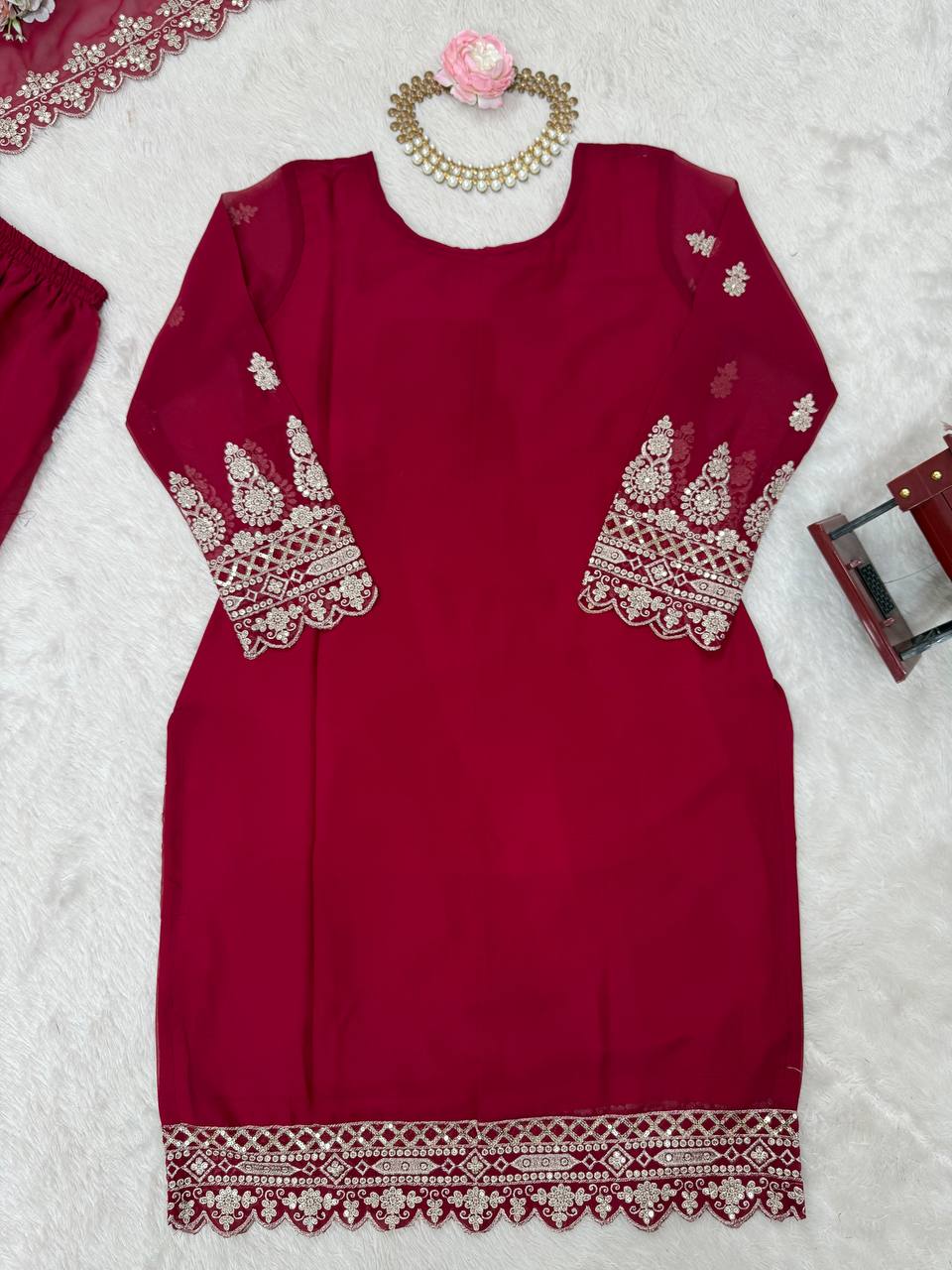 Pink Graceful Faux Georgette Sharara Set with Thread & Sequin Embroidery and Lace Border Dupatta