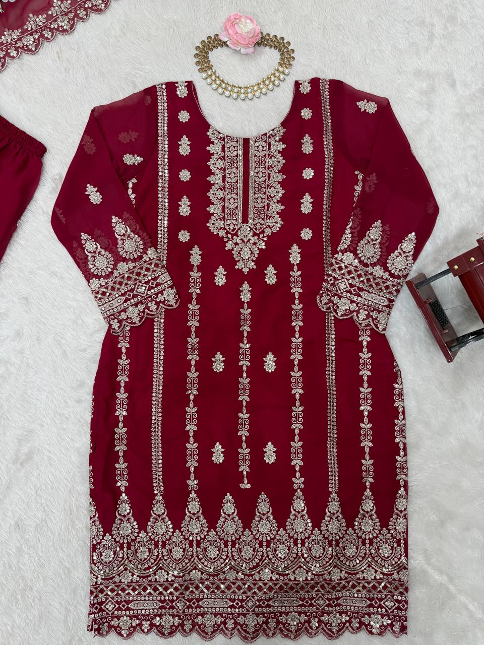 Pink Graceful Faux Georgette Sharara Set with Thread & Sequin Embroidery and Lace Border Dupatta