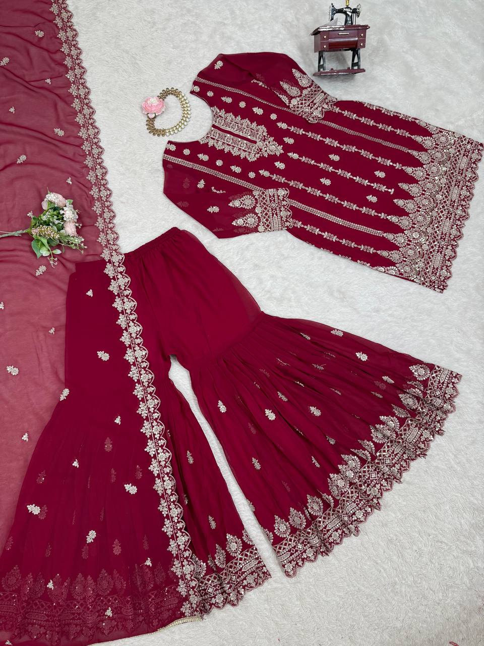 Pink Graceful Faux Georgette Sharara Set with Thread & Sequin Embroidery and Lace Border Dupatta