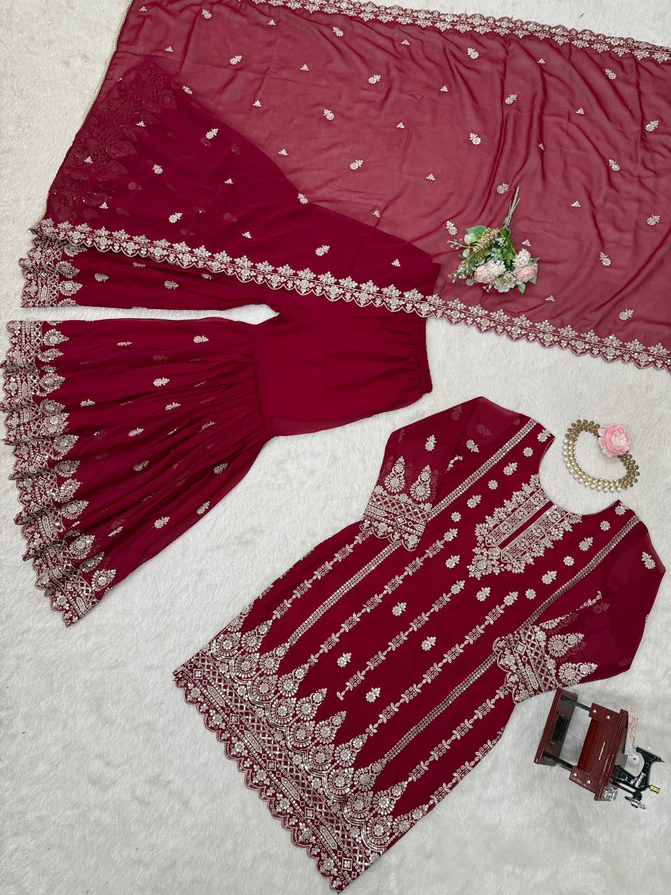 Pink Graceful Faux Georgette Sharara Set with Thread & Sequin Embroidery and Lace Border Dupatta