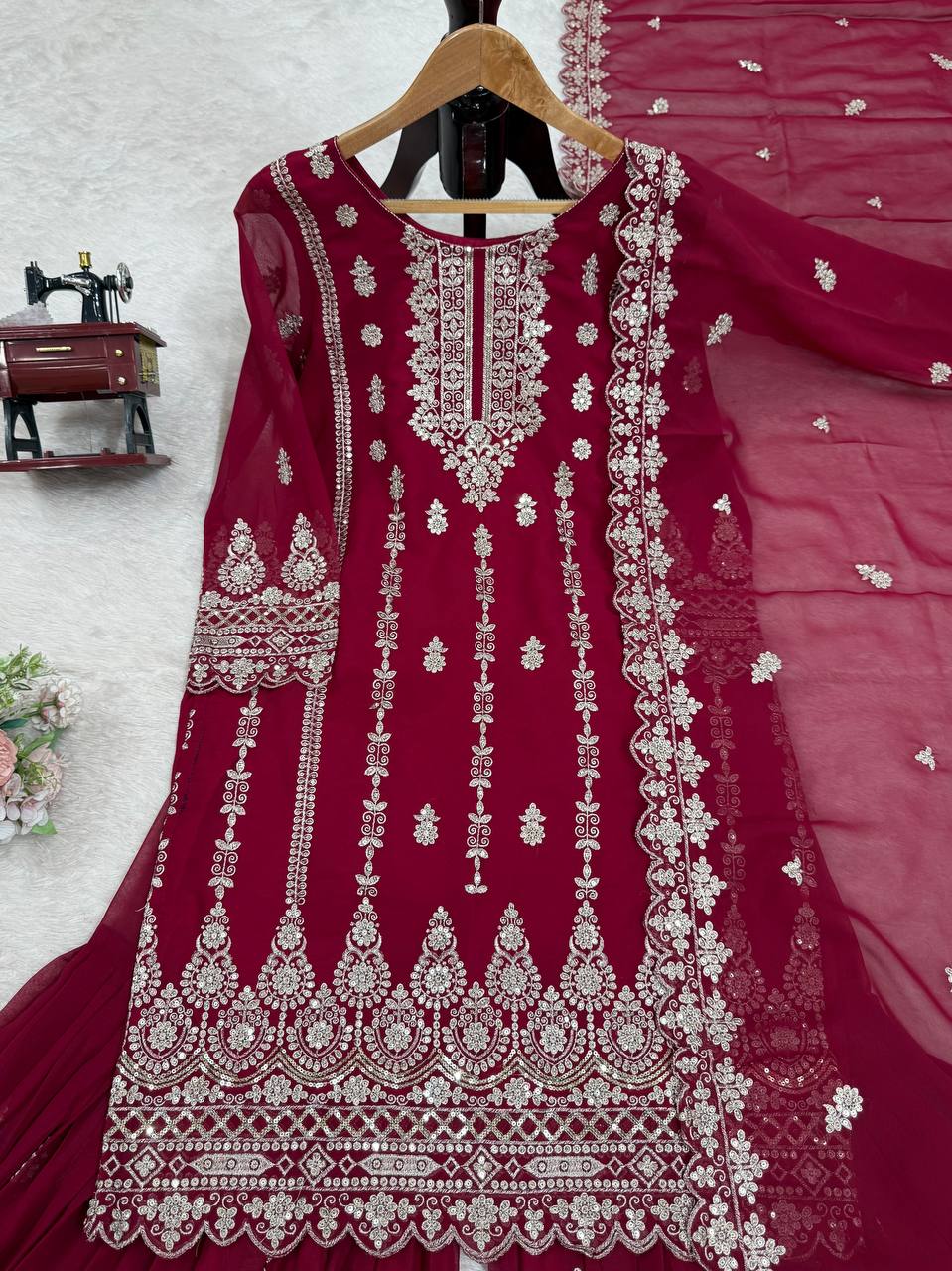 Pink Graceful Faux Georgette Sharara Set with Thread & Sequin Embroidery and Lace Border Dupatta