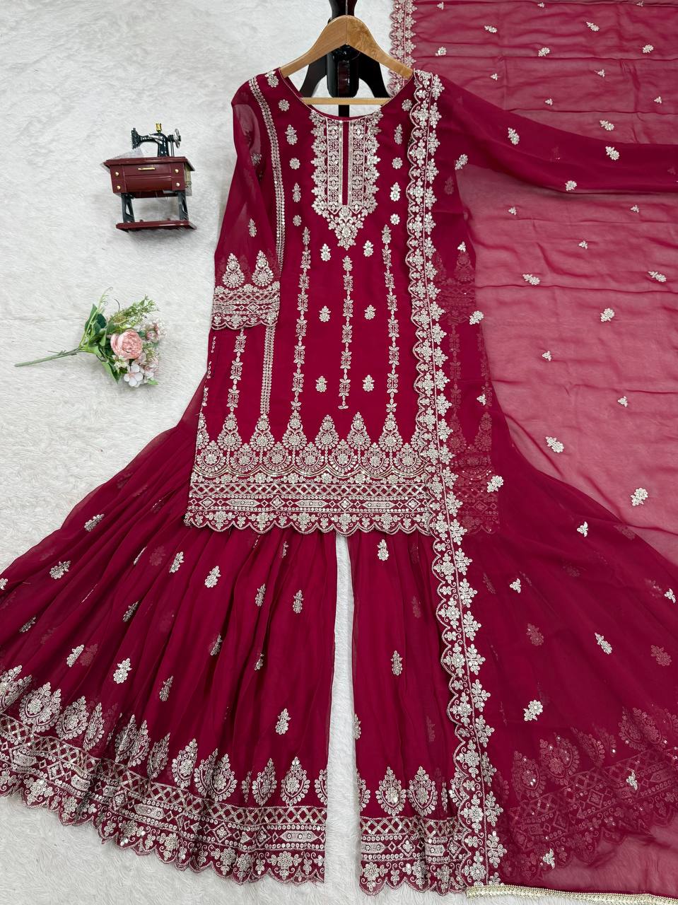 Pink Graceful Faux Georgette Sharara Set with Thread & Sequin Embroidery and Lace Border Dupatta