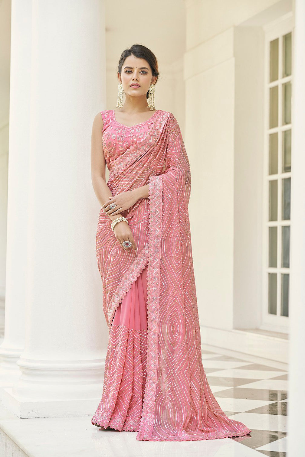 Pink Graceful Georgette Saree with Thread & Sequins Work Unstitched Blouse Included