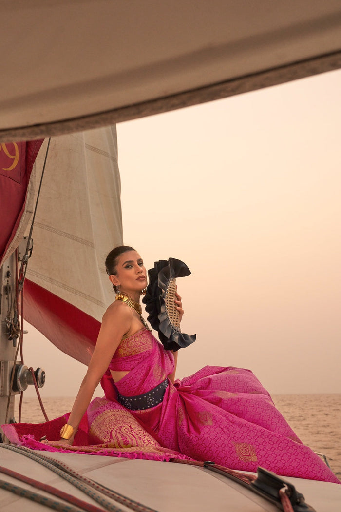 Pink Graceful Silk Blend Kanjivaram Saree with Tassel Detailing