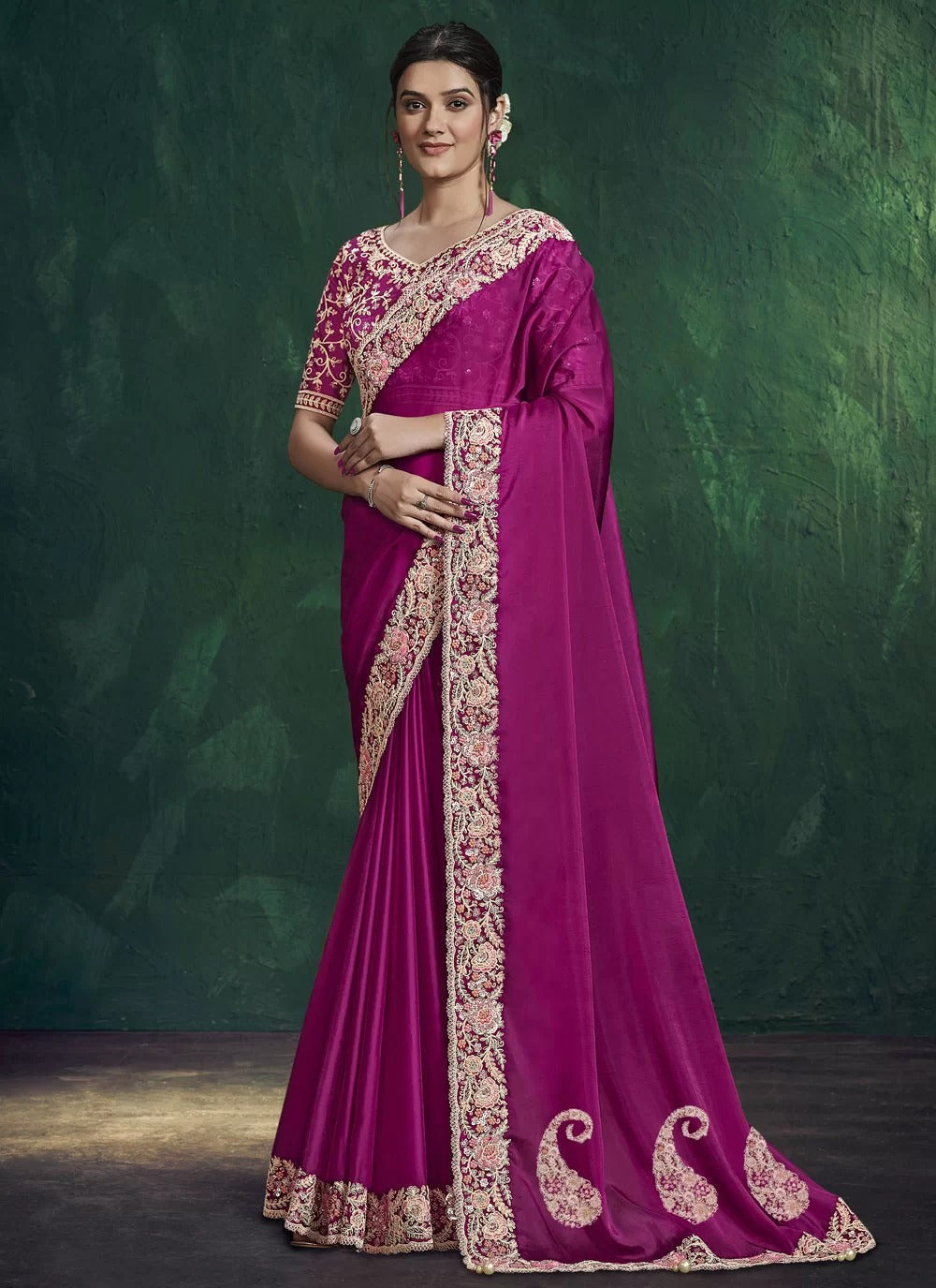 Graceful pink habotai silk ready to wear designer saree with stitched blouse