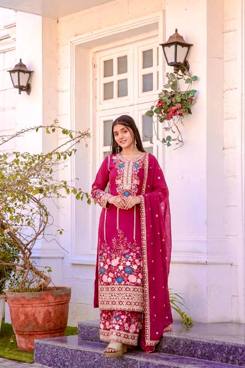Pink Heavy Chinon Silk Plazzo Set