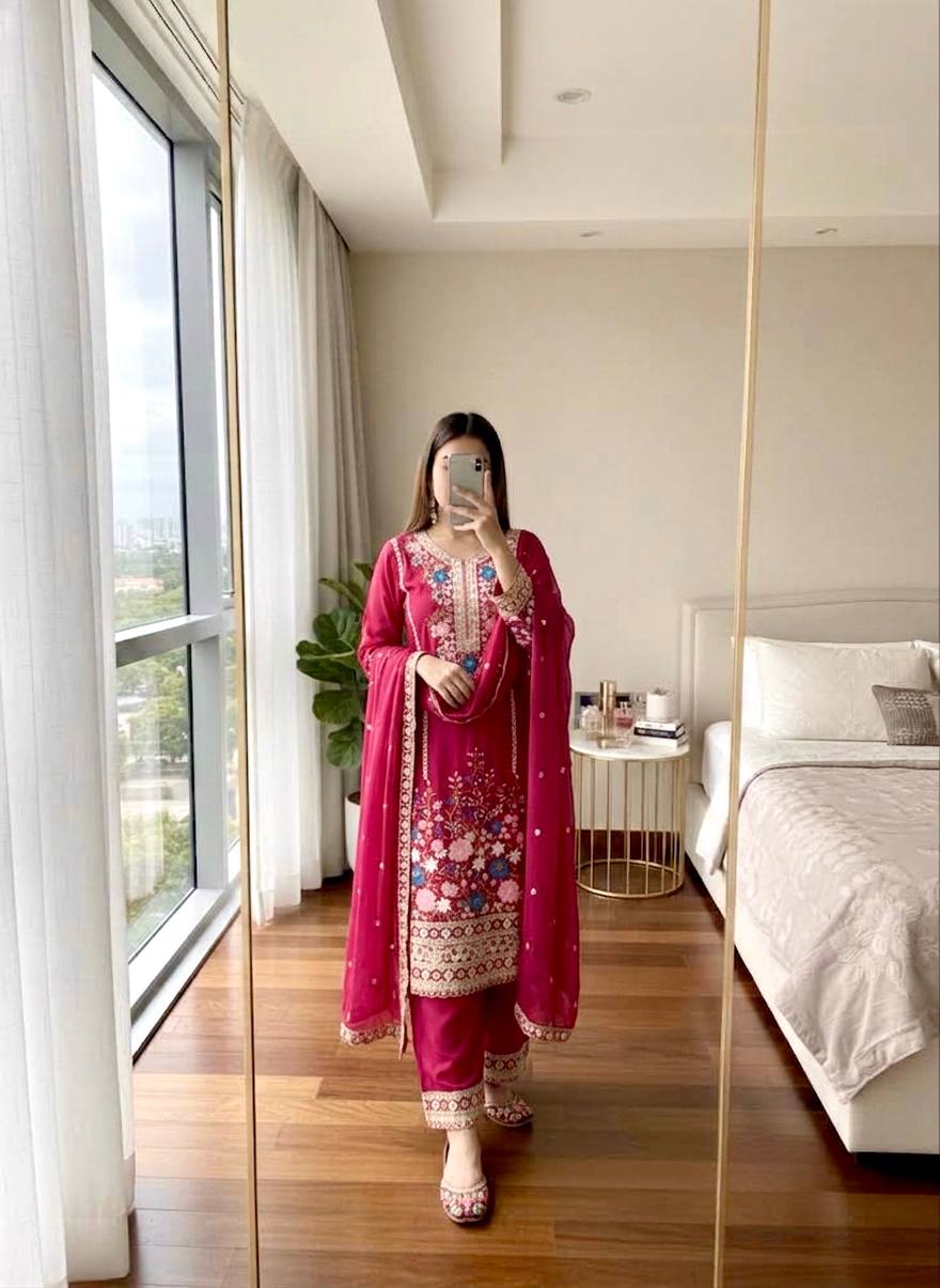 Pink Heavy Chinon Silk Plazzo Set
