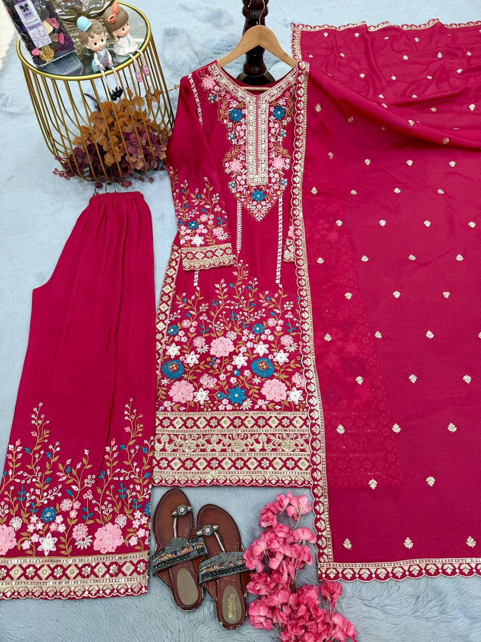 Pink Heavy Chinon Silk Plazzo Set