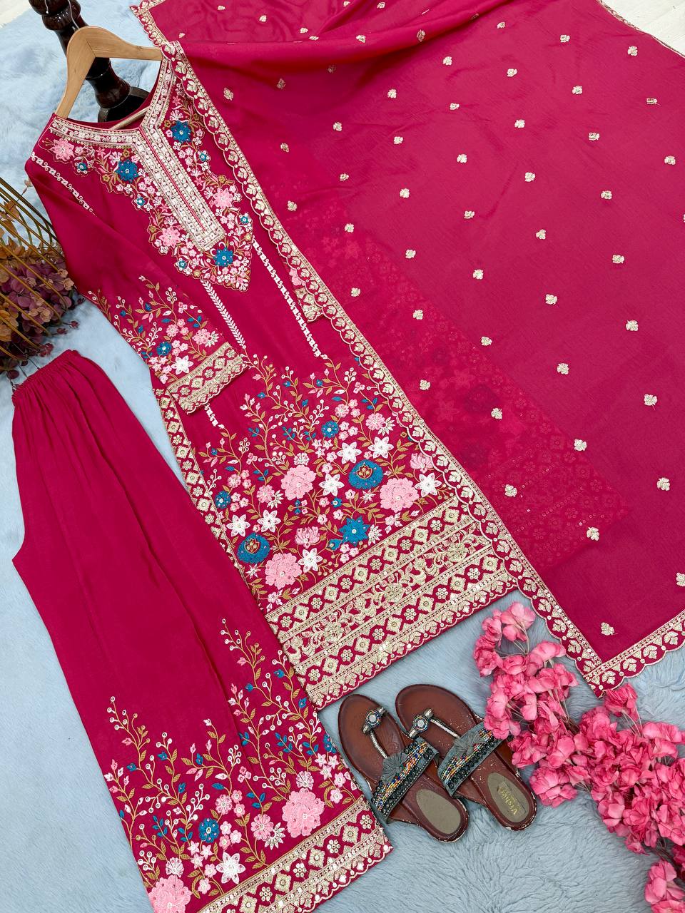 Pink Heavy Chinon Silk Plazzo Set
