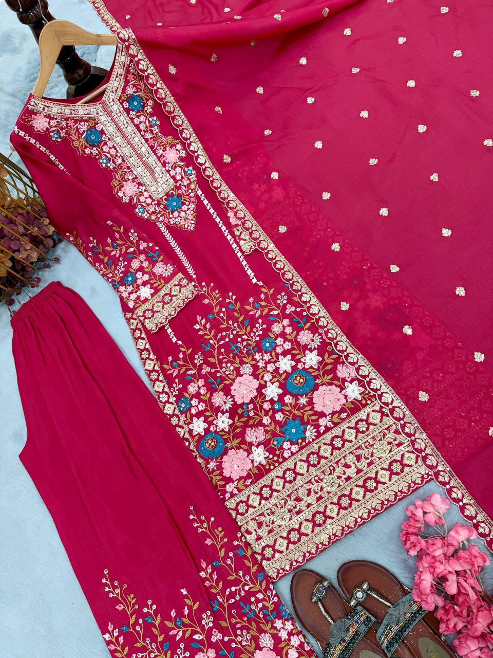 Pink Heavy Chinon Silk Plazzo Set