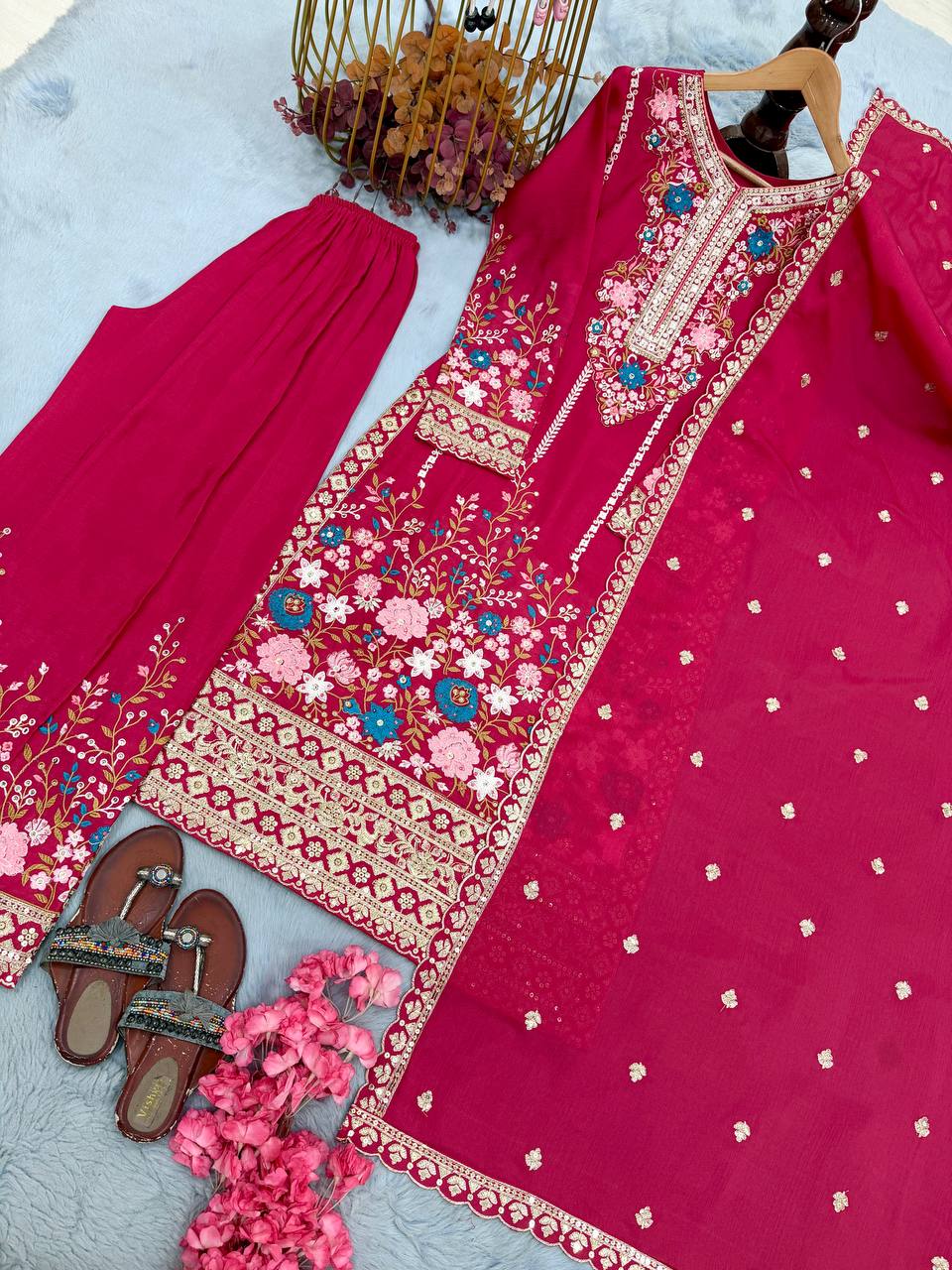 Pink Heavy Chinon Silk Plazzo Set