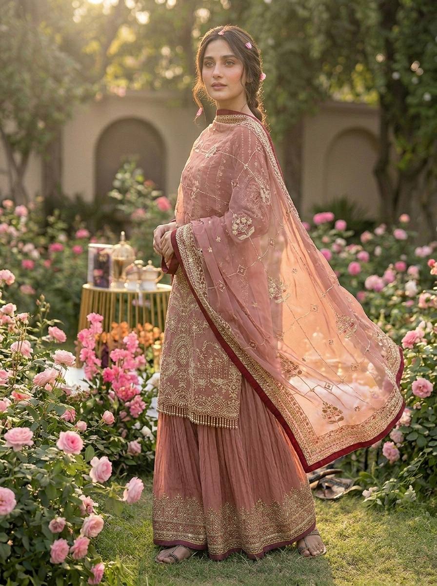 Pink Heavy Embroidered Plazzo Suit Set