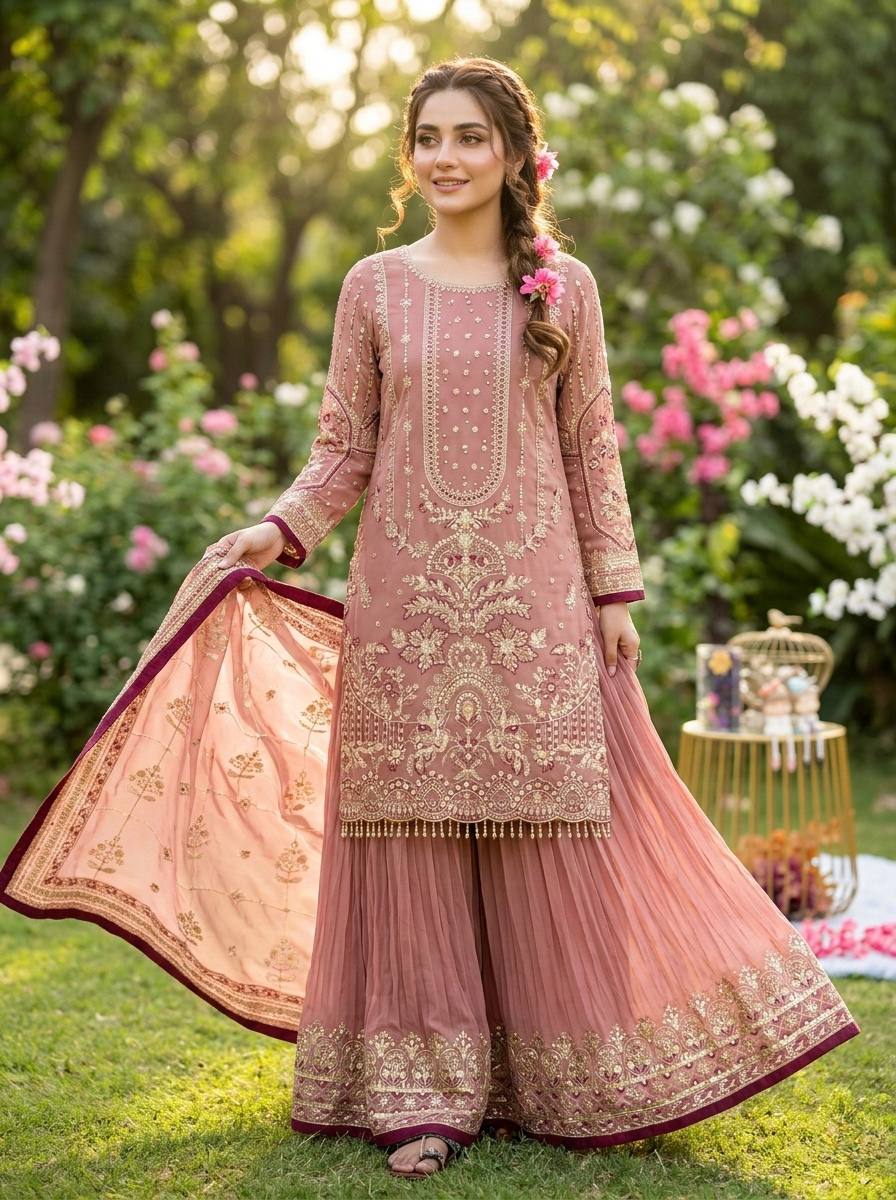 Pink Heavy Embroidered Plazzo Suit Set