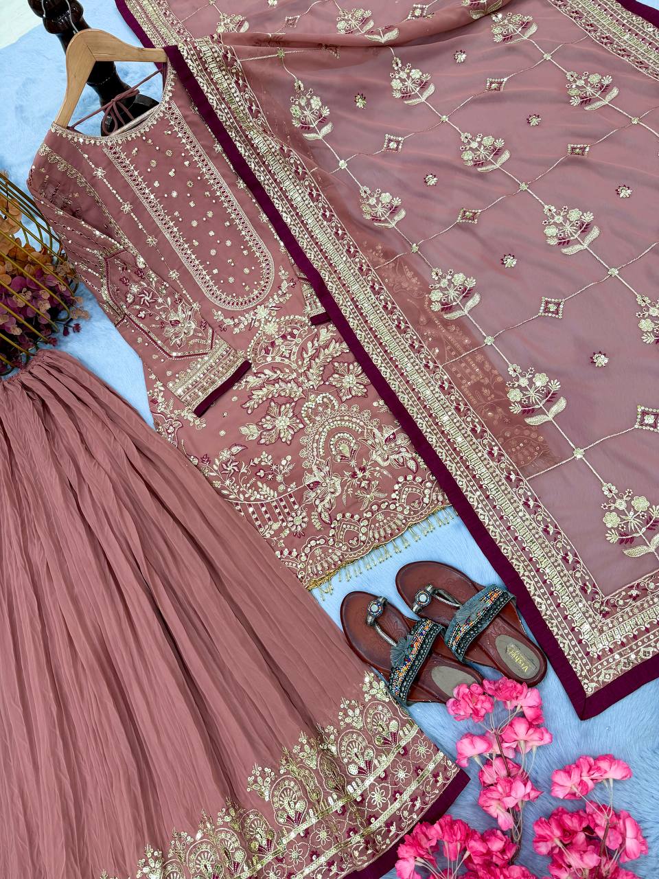 Pink Heavy Embroidered Plazzo Suit Set