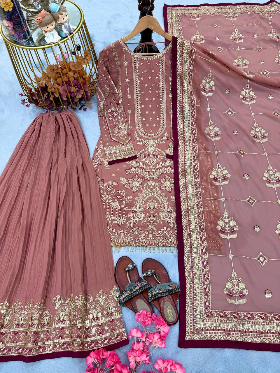 Pink Heavy Embroidered Plazzo Suit Set