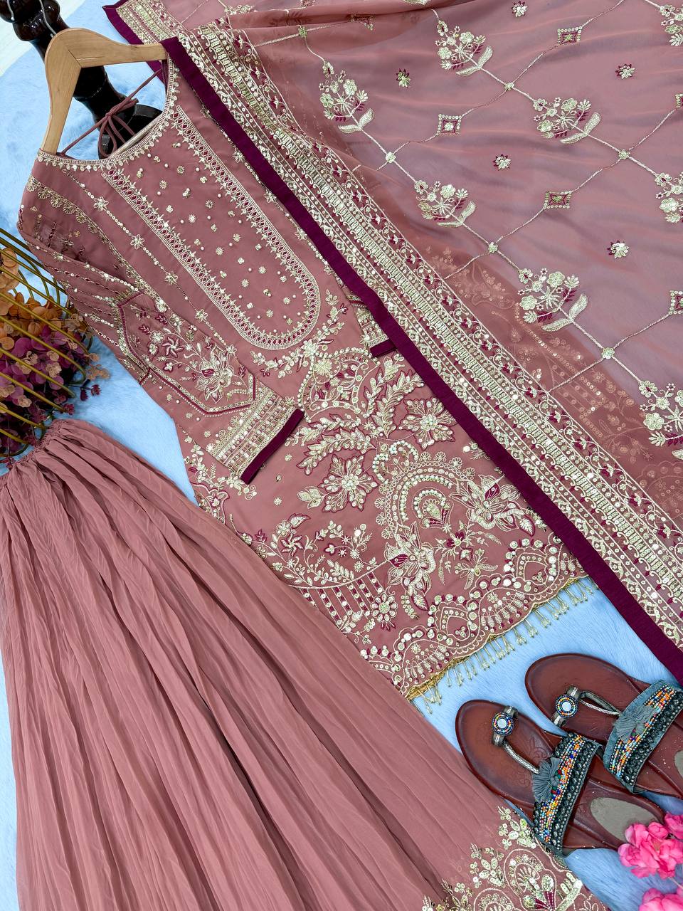 Pink Heavy Embroidered Plazzo Suit Set