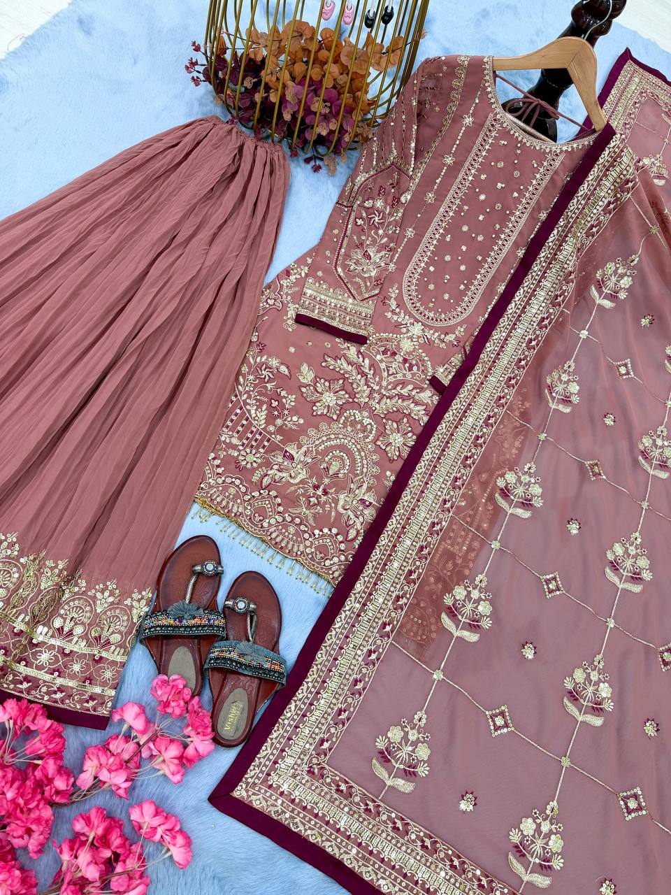 Pink Heavy Embroidered Plazzo Suit Set
