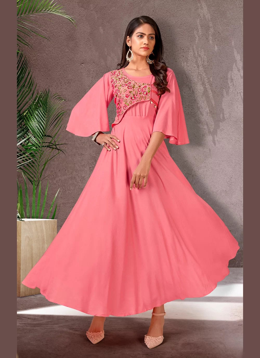 Pink heavy rayon embroidery party wear kurti