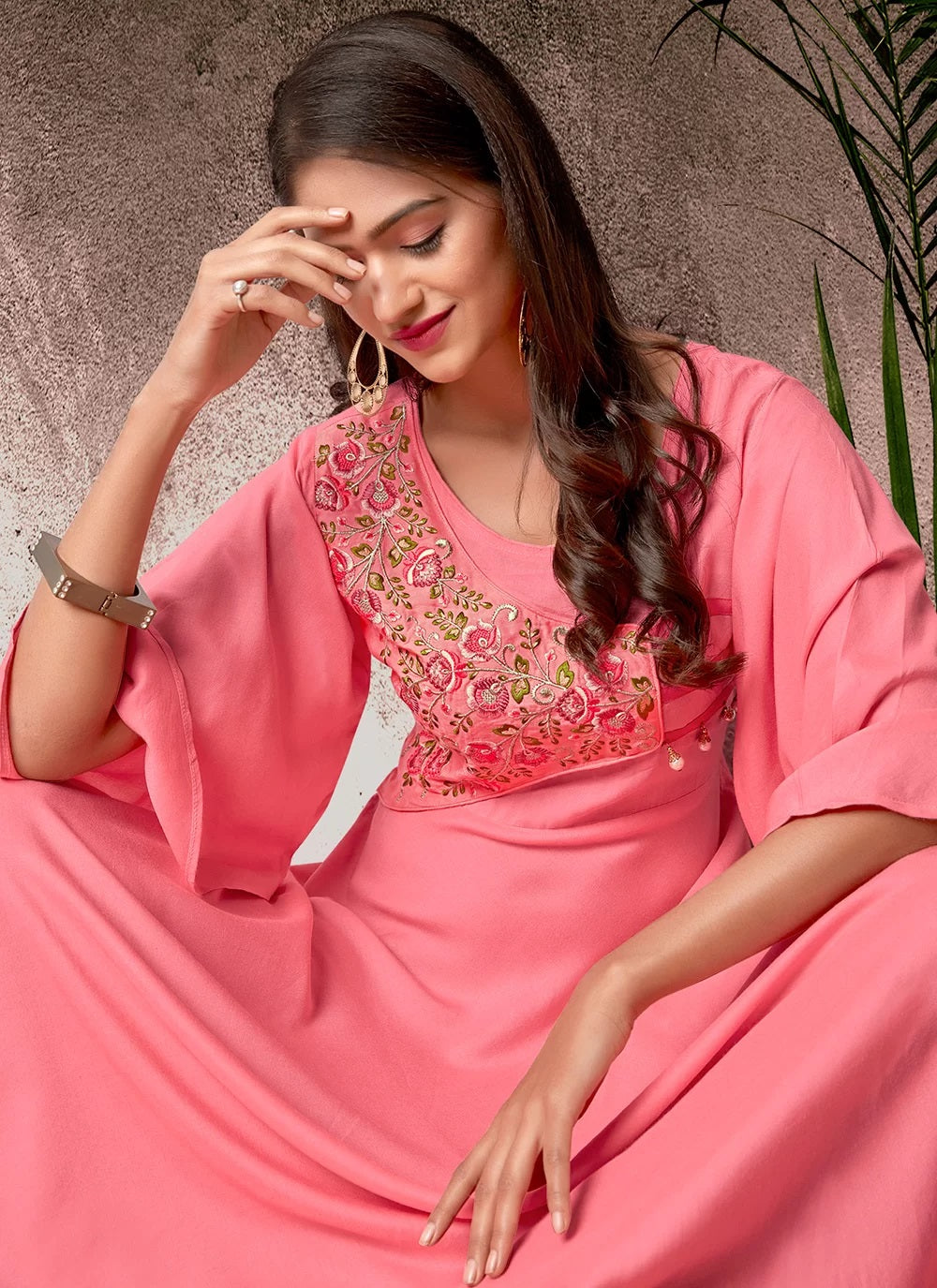 Pink heavy rayon embroidery party wear kurti