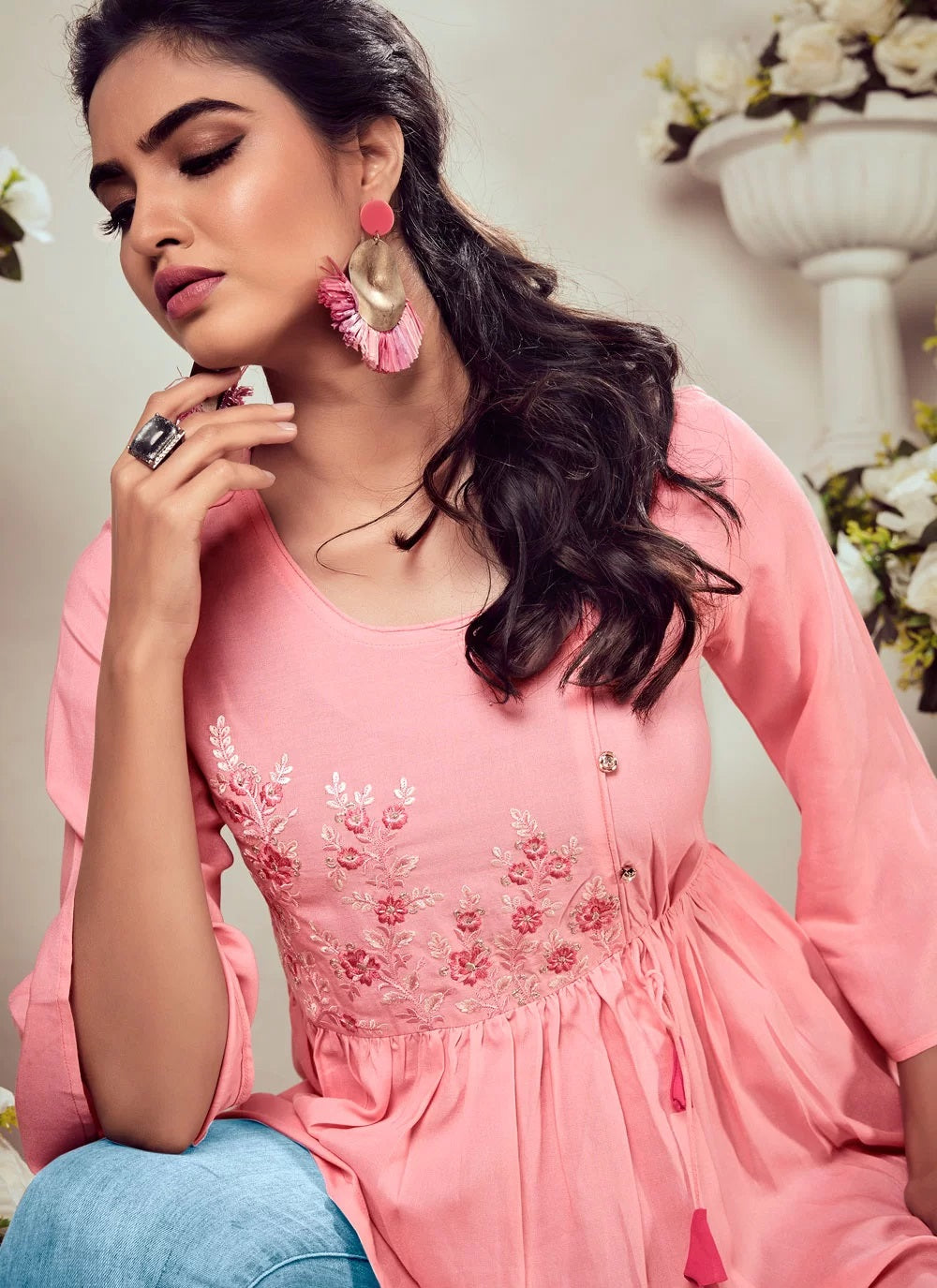 Pink heavy reyon embroidered western tunic tops
