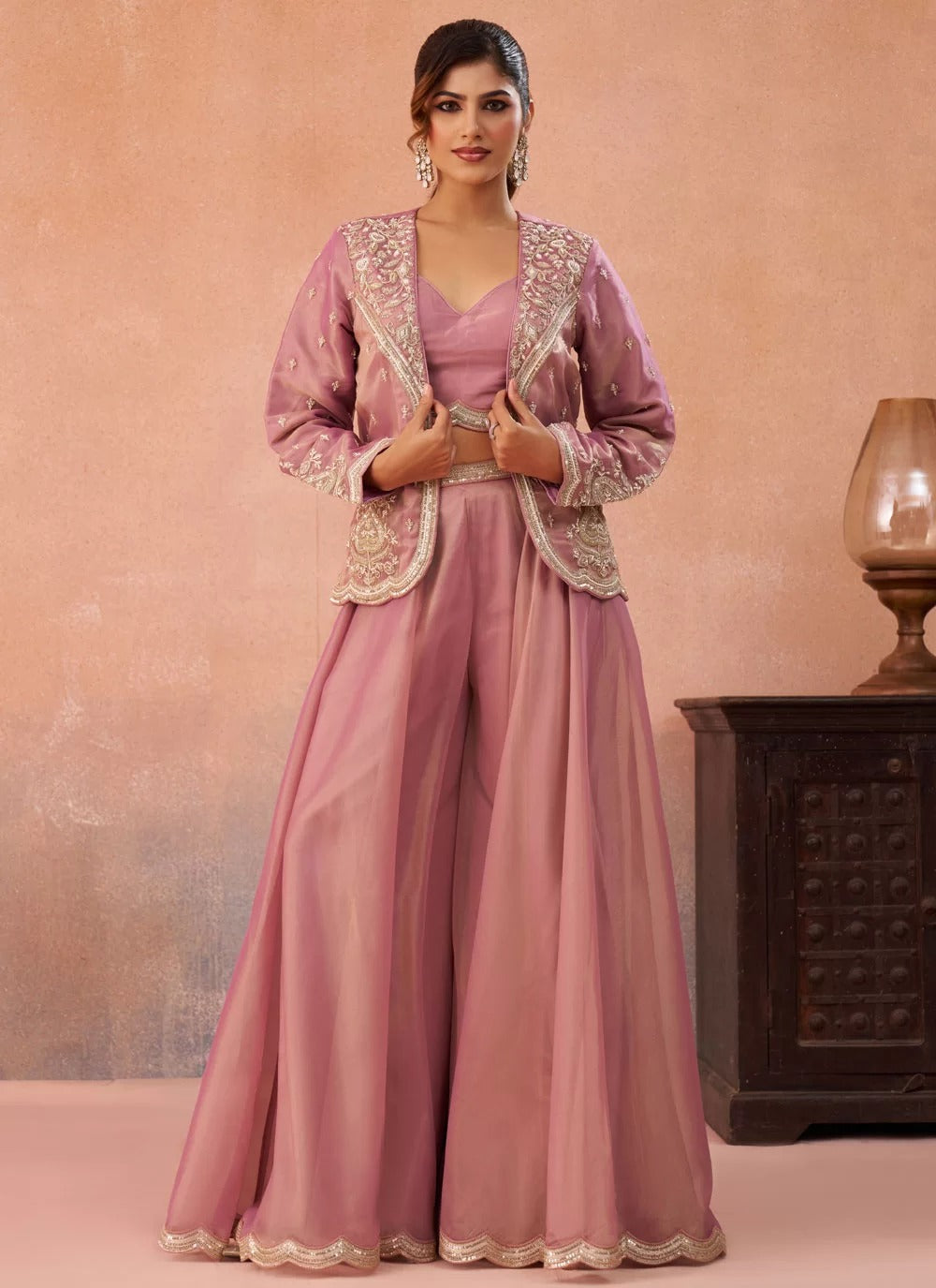 Pink tissue indo western co ord set with embroidered jacket flared palazzo