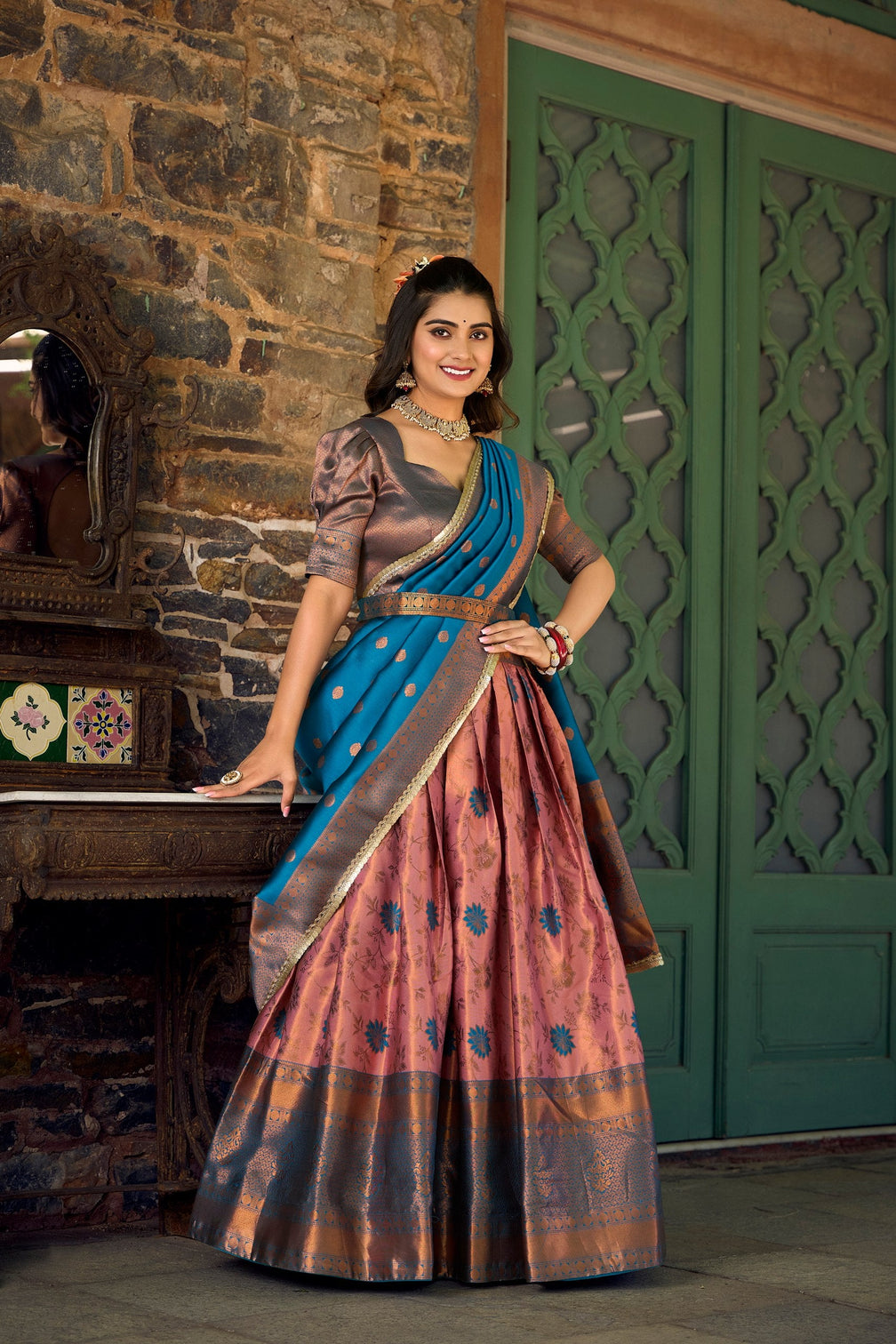 Pink Jacquard Silk Lehenga Choli Set with Zari Work