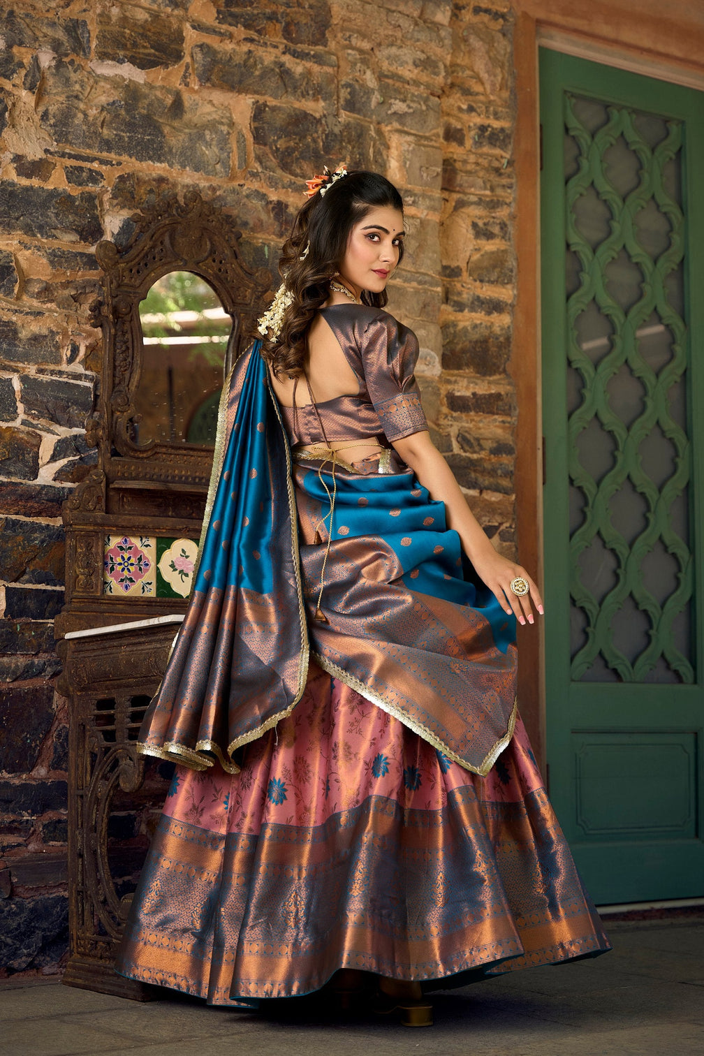 Pink Jacquard Silk Lehenga Choli Set with Zari Work
