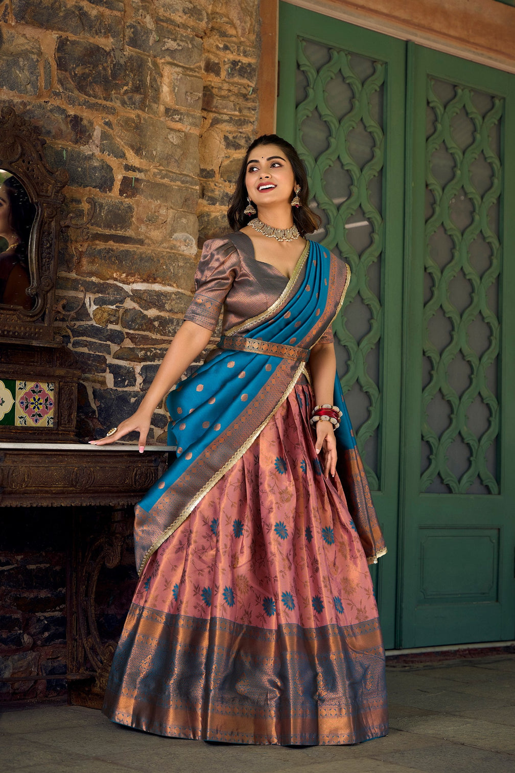 Pink Jacquard Silk Lehenga Choli Set with Zari Work
