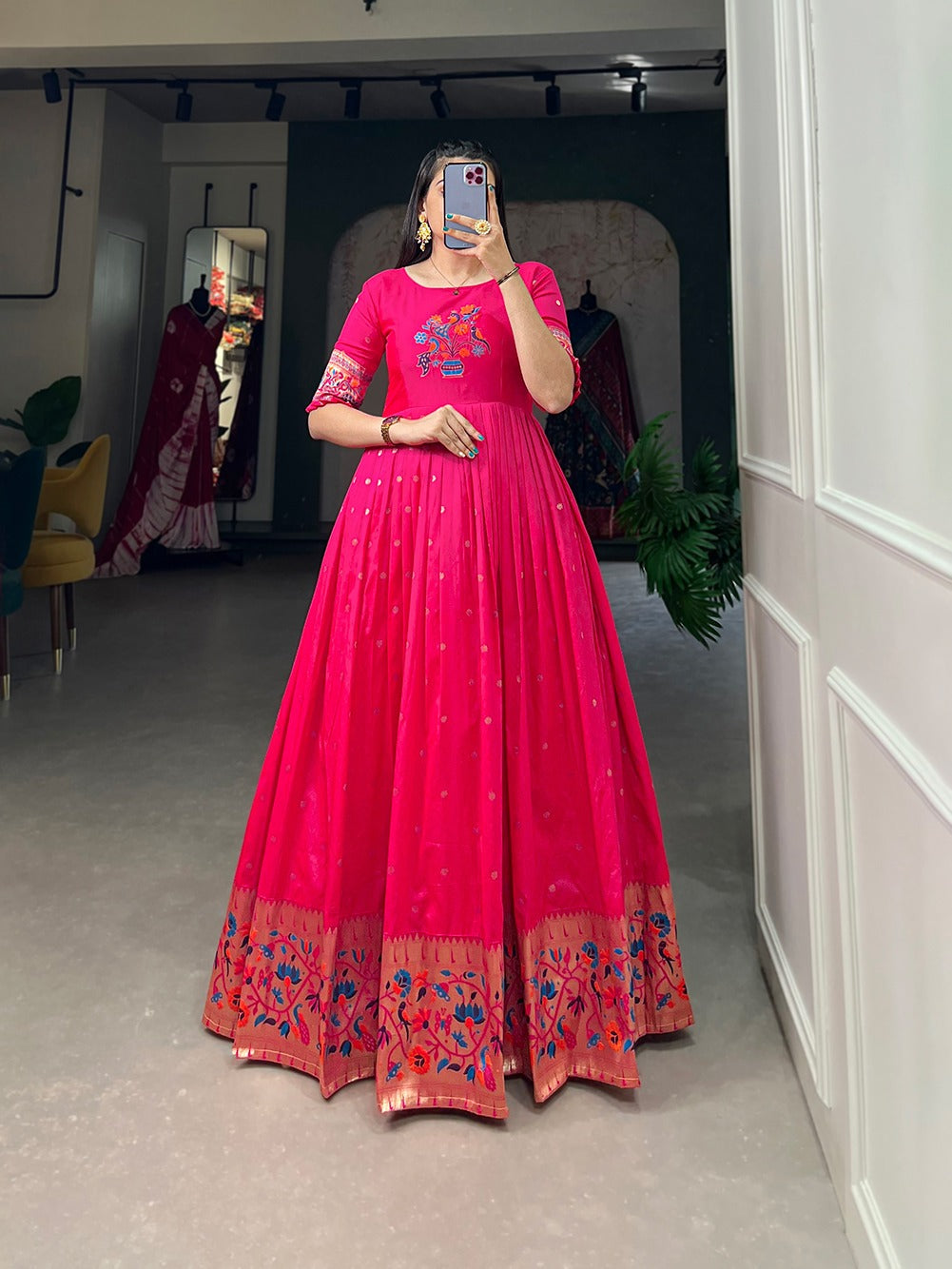 Pink Jacquard Silk Paithani Gown