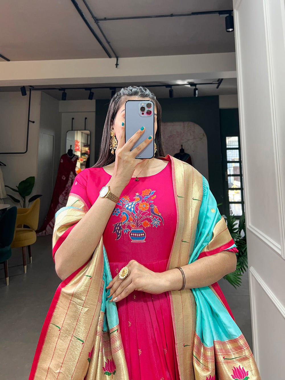 Pink Jacquard Silk Stitched Gown