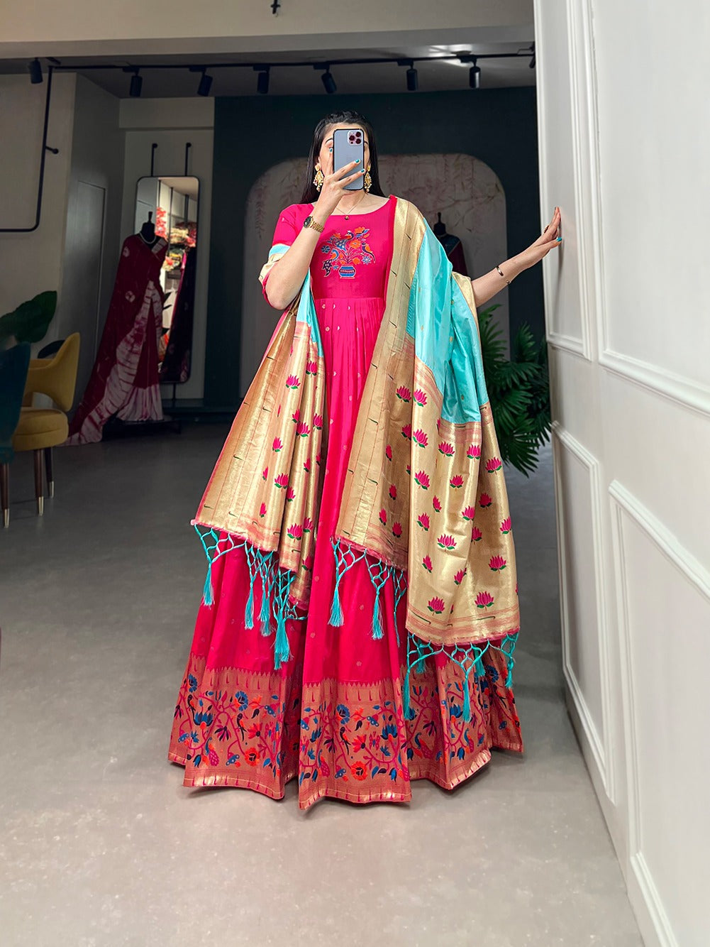 Pink Jacquard Silk Stitched Gown