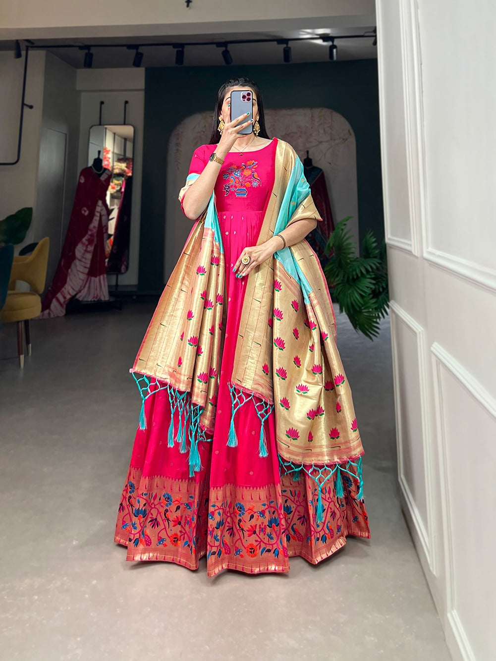 Pink Jacquard Silk Stitched Gown