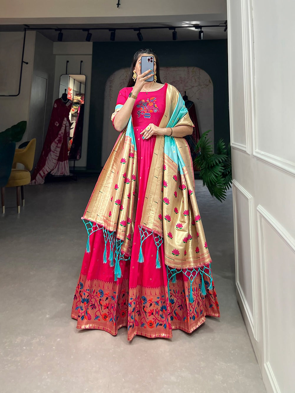Pink Jacquard Silk Stitched Gown