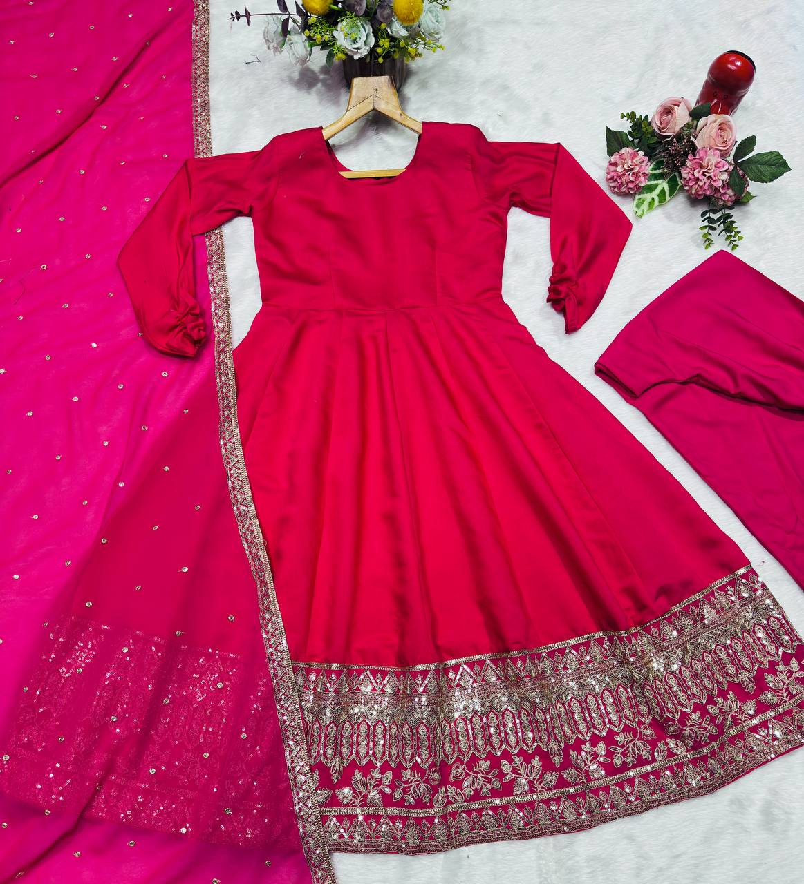 Pink Kali Cut Gown with Dupatta