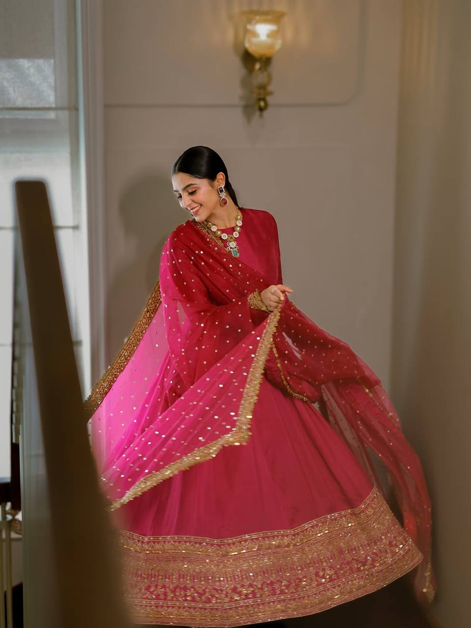 Pink Kali Cut Gown with Dupatta