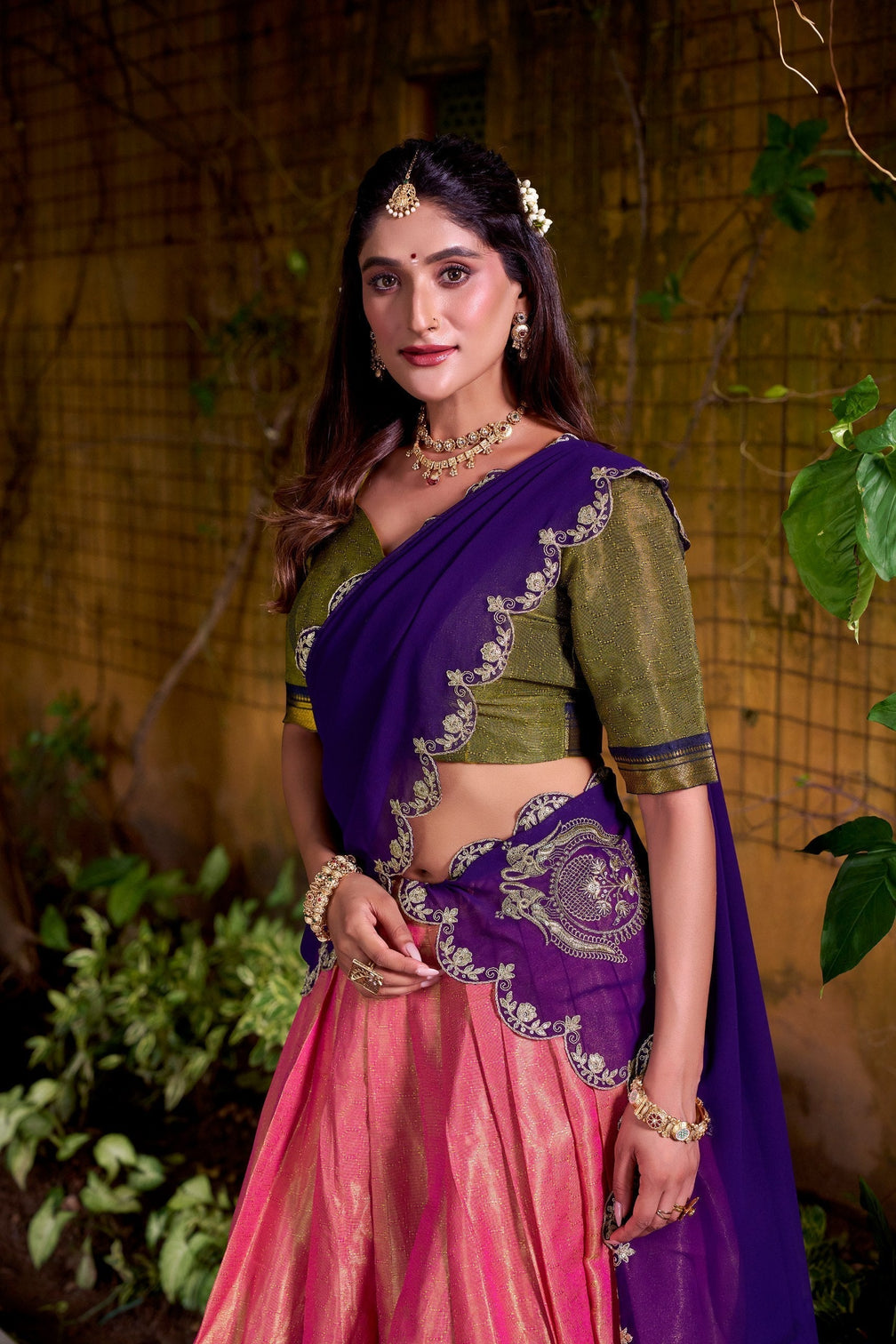 Pink Kanchipuram Zari Weaving Lehenga with Purple Embroidered Georgette Dupatta