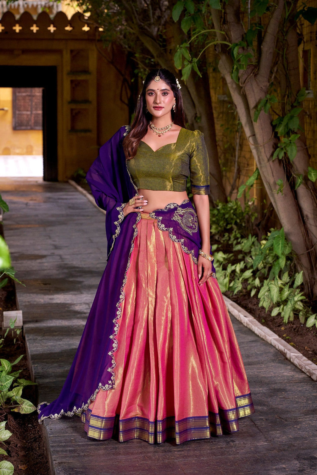 Pink Kanchipuram Zari Weaving Lehenga with Purple Embroidered Georgette Dupatta