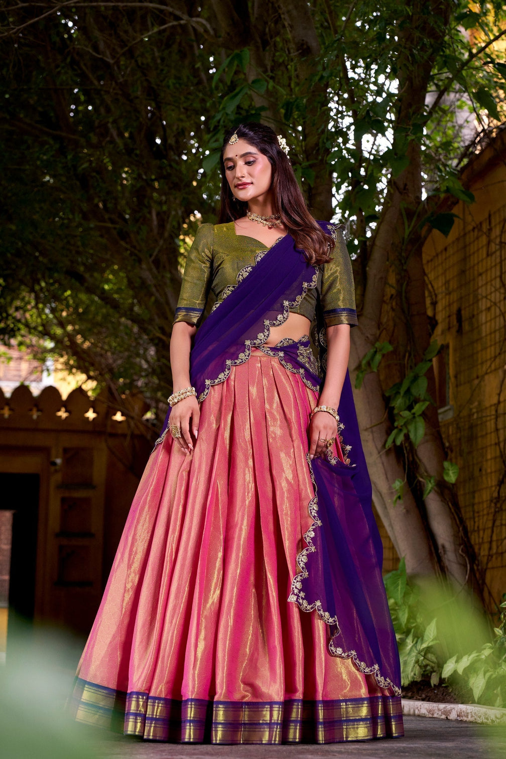 Pink Kanchipuram Zari Weaving Lehenga with Purple Embroidered Georgette Dupatta