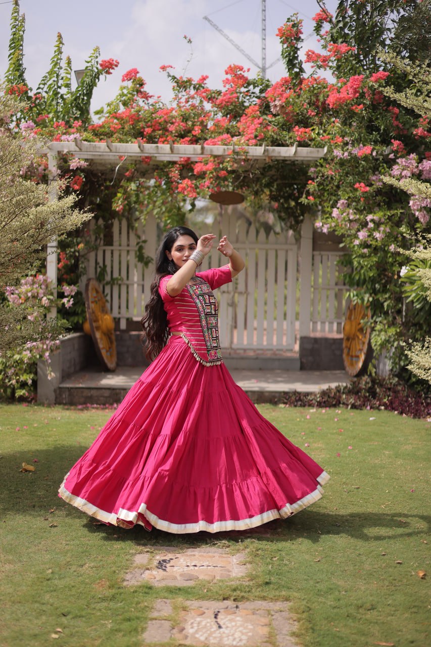 Pink Kora Cotton Lehenga with Kutchi Work