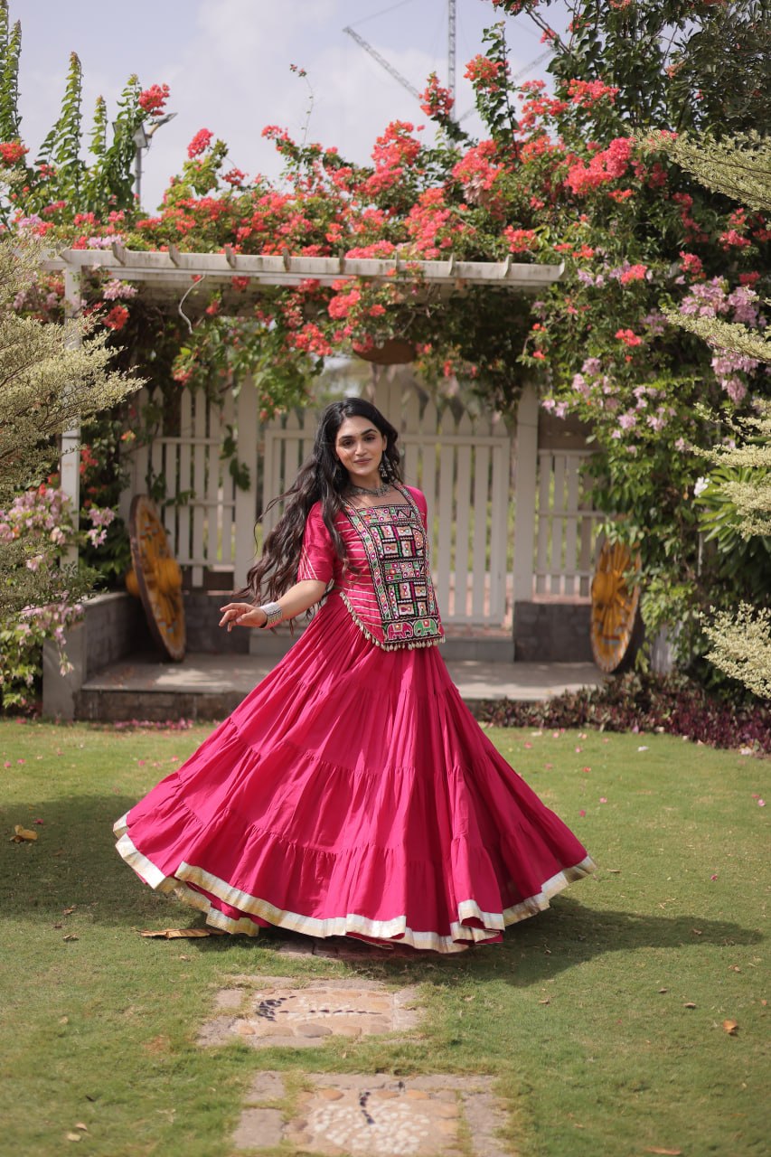 Pink Kora Cotton Lehenga with Kutchi Work