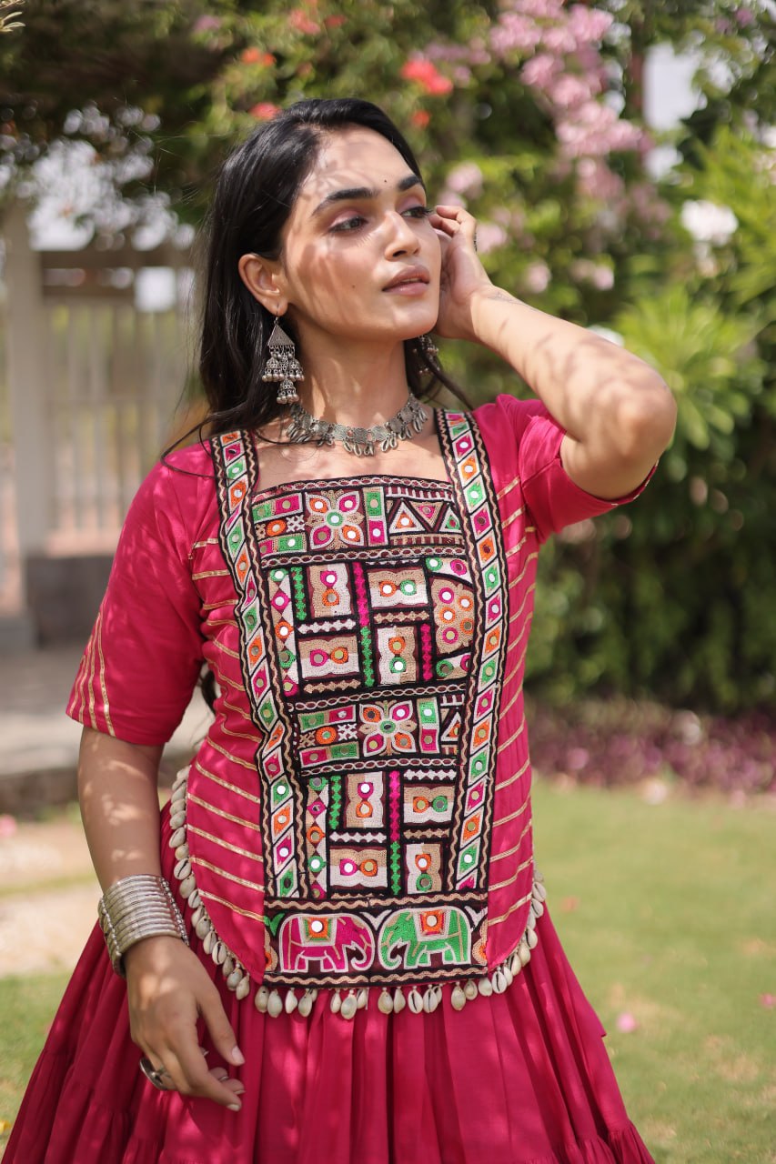 Pink Kora Cotton Lehenga with Kutchi Work