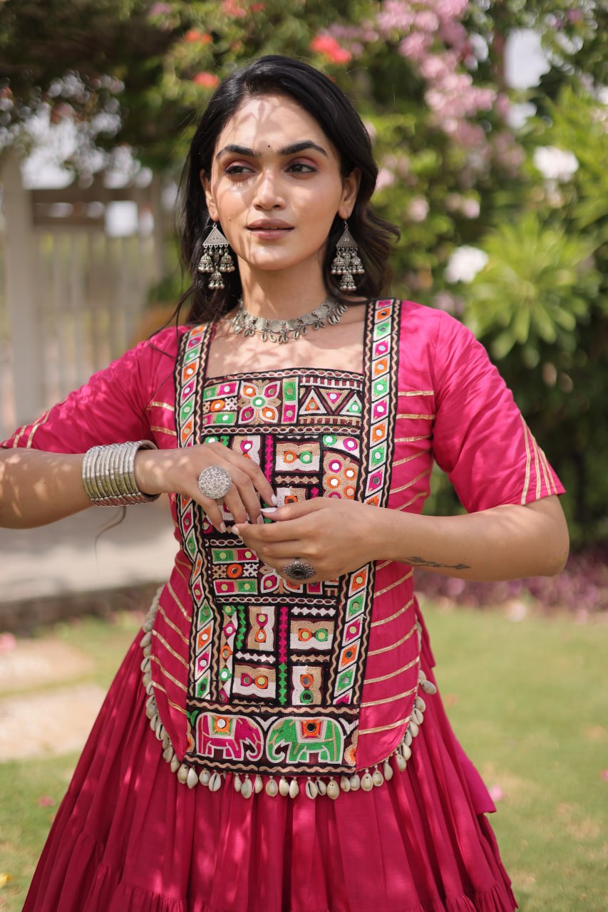 Pink Kora Cotton Lehenga with Kutchi Work