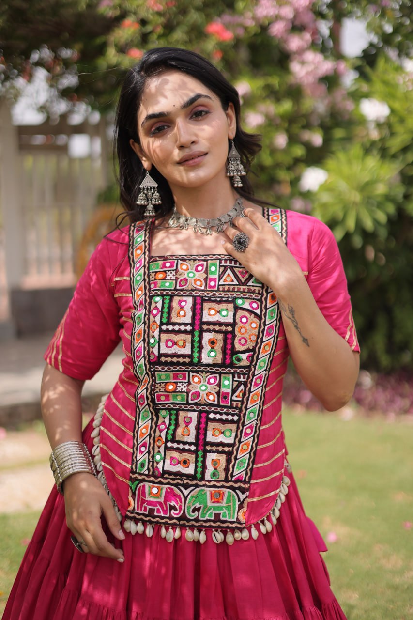 Pink Kora Cotton Lehenga with Kutchi Work