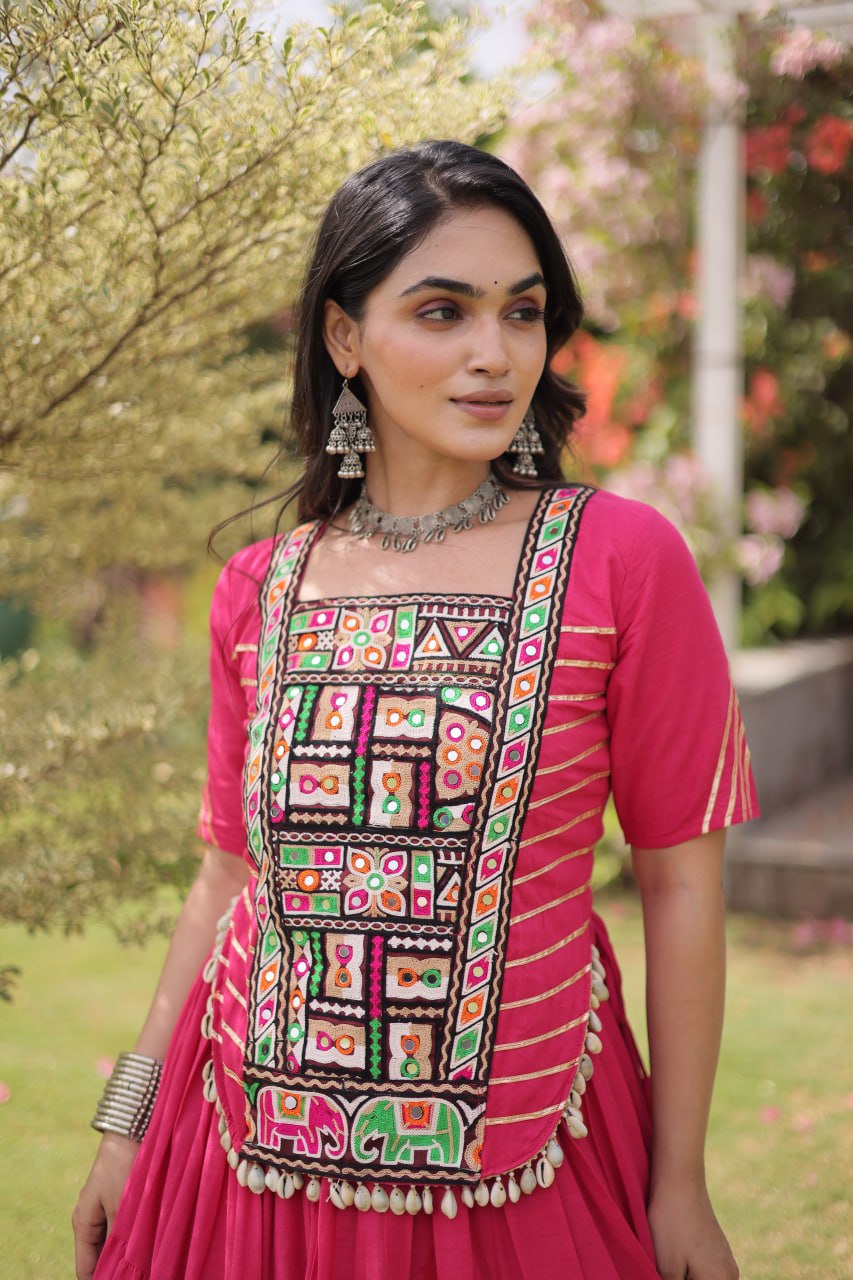 Pink Kora Cotton Lehenga with Kutchi Work