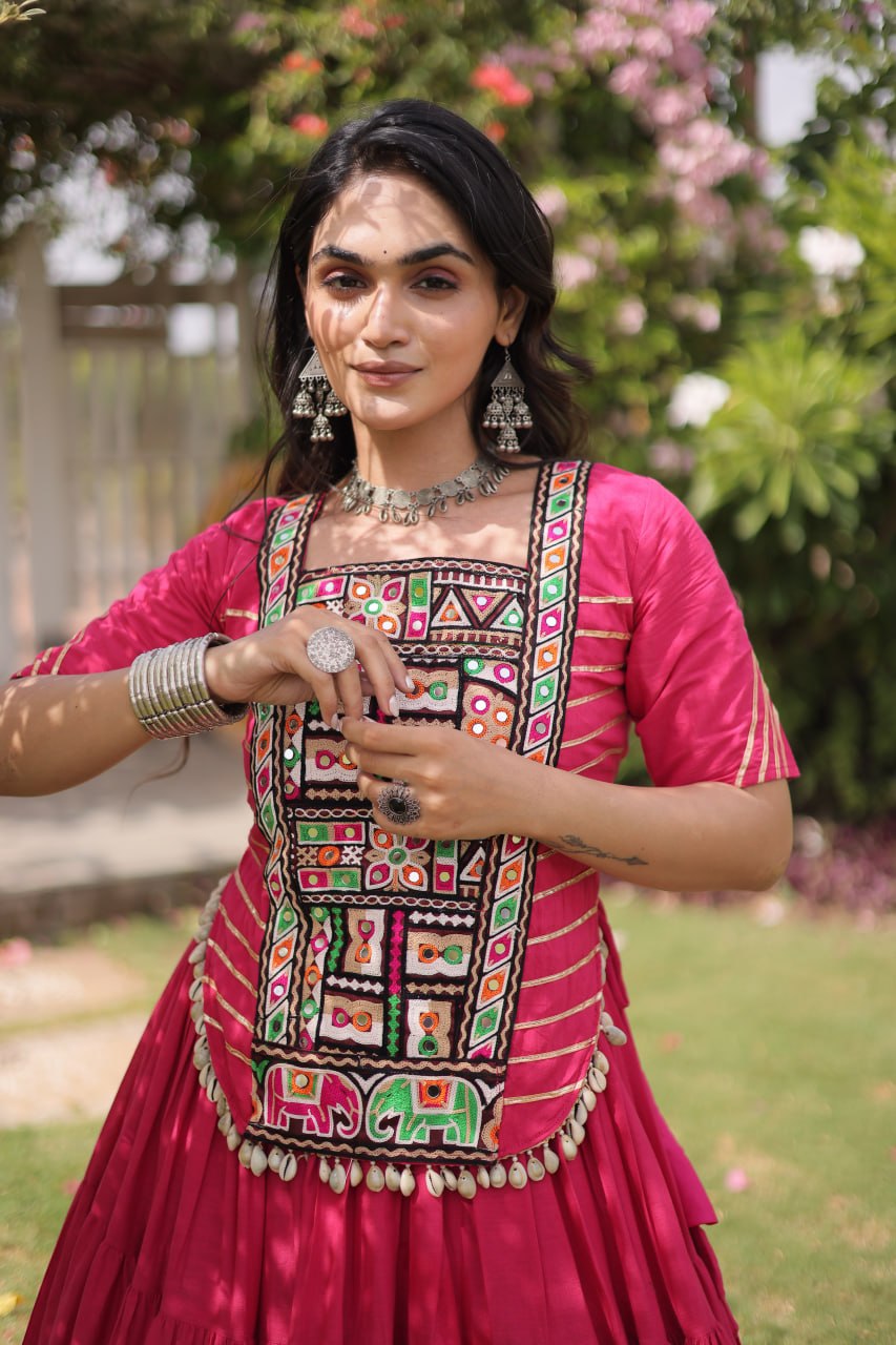 Pink Kora Cotton Lehenga with Kutchi Work