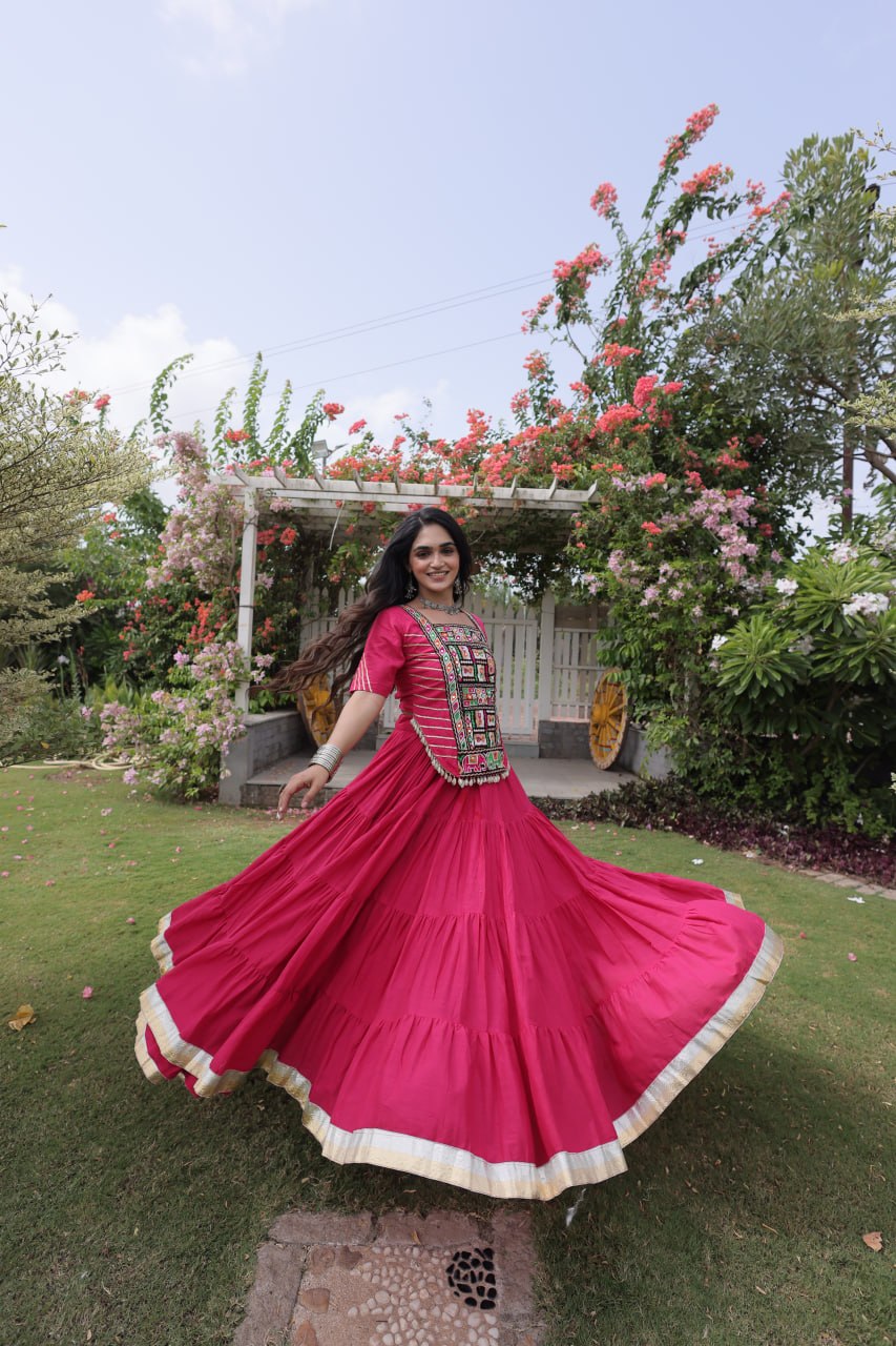Pink Kora Cotton Lehenga with Kutchi Work