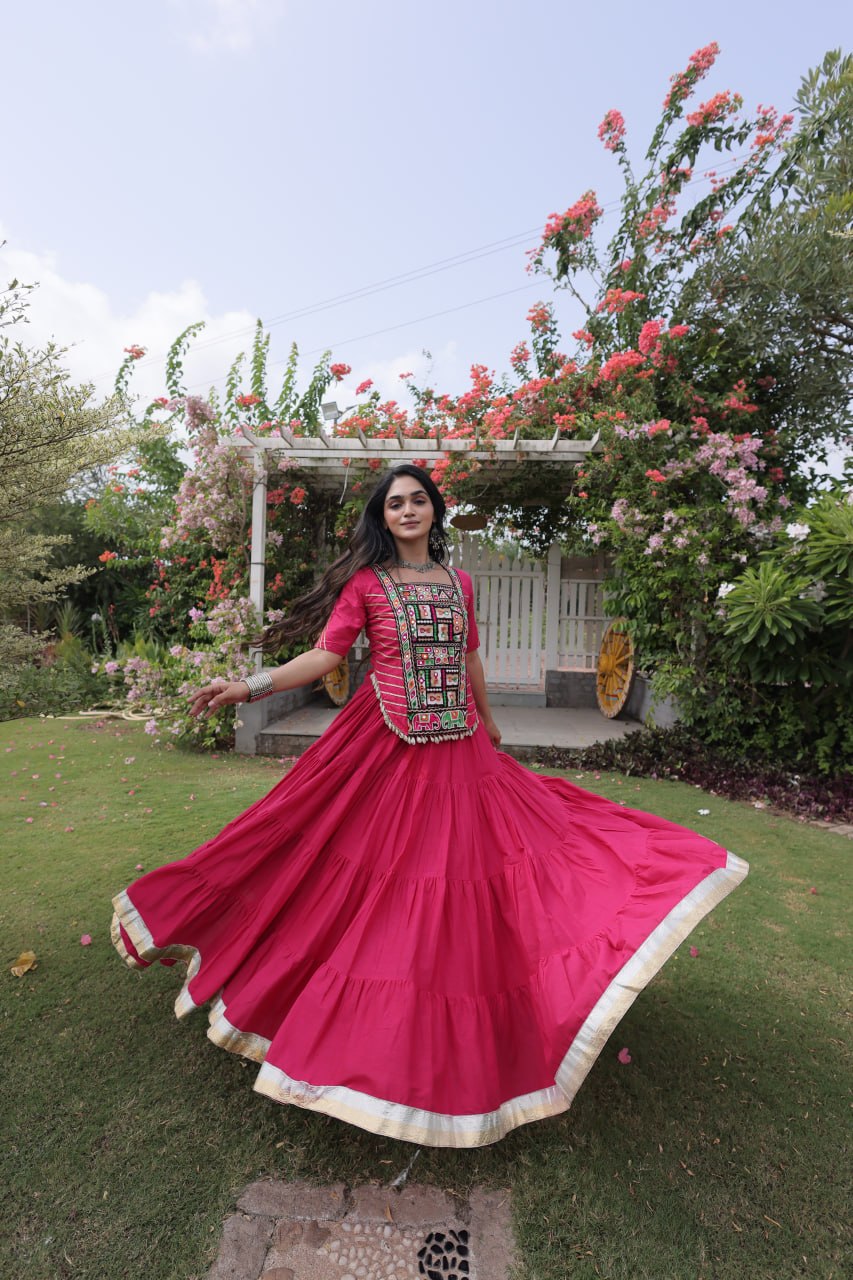 Pink Kora Cotton Lehenga with Kutchi Work