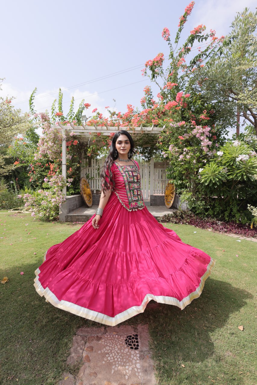 Pink Kora Cotton Lehenga with Kutchi Work
