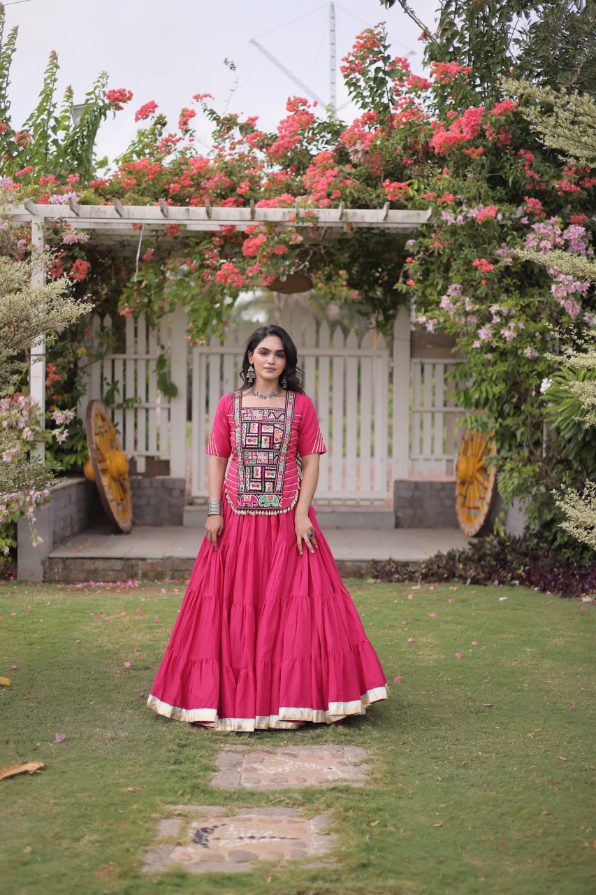 Pink Kora Cotton Lehenga with Kutchi Work