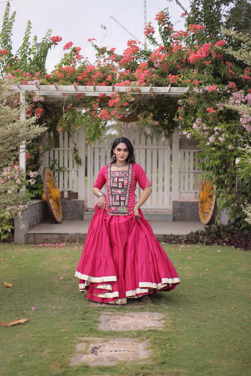 Pink Kora Cotton Lehenga with Kutchi Work